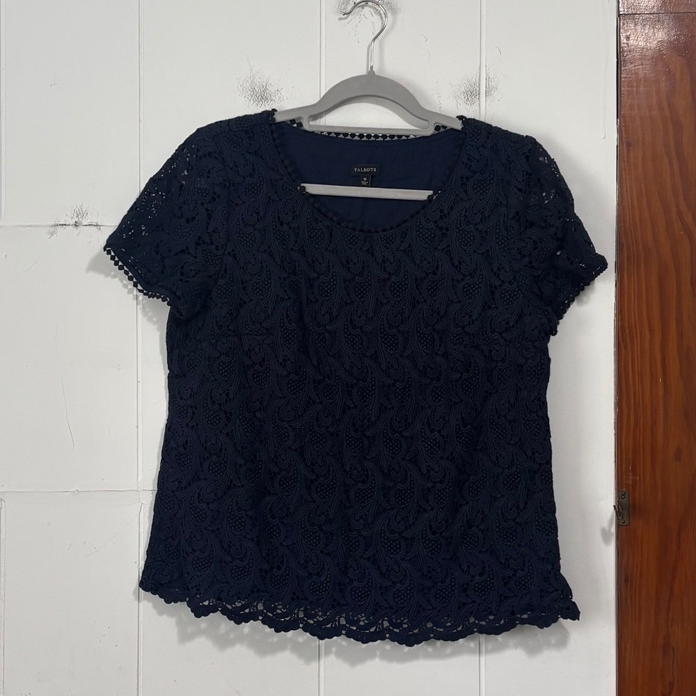 Talbots Navy Blue 100% Cotton Floral Eyelet Lace Short Sleeve Blouse Top 10